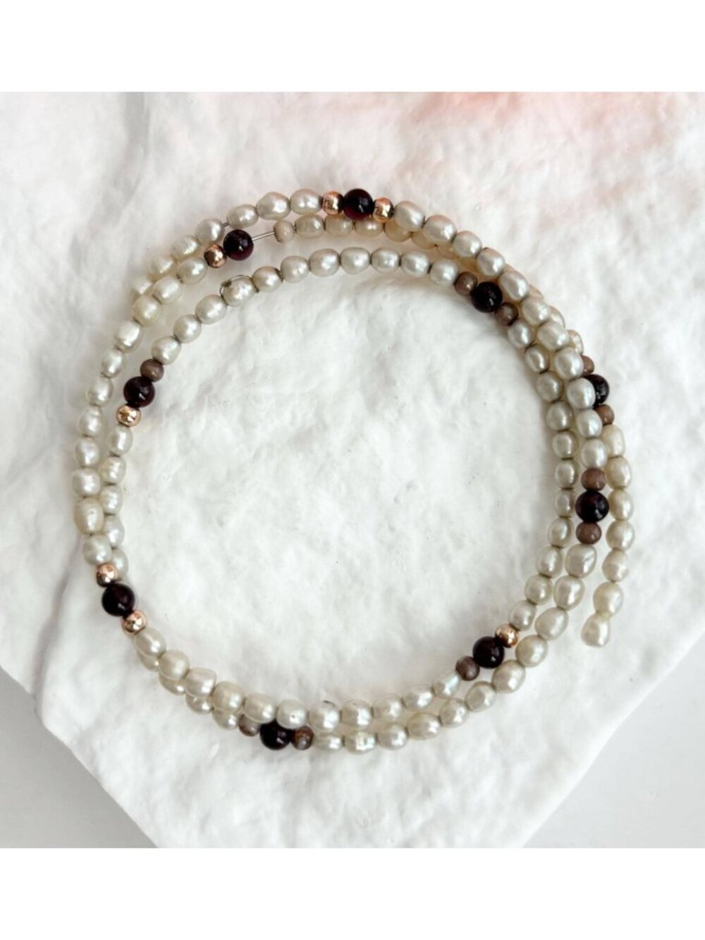 Rice Pearl & Red and Gold Beaded Vintage Triple Wrapped Stranded Bangle Bracelet